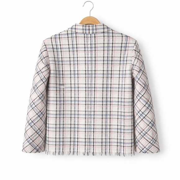 Maje Paris Ivory Tweed Blazer Gold Button Plaid Jacket Bouclé/Fringe TrimFR 34 - Picture 3 of 11